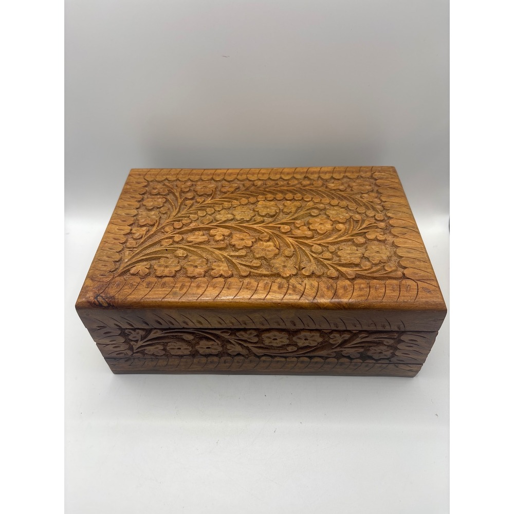 Hand Carved Floral Wooden Jewelry Box Red Velvet Lining Vintage Boho Keepsake